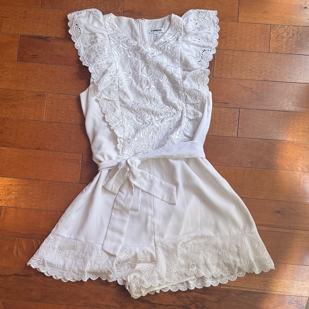 Express White Lace Romper with Ruffle Details